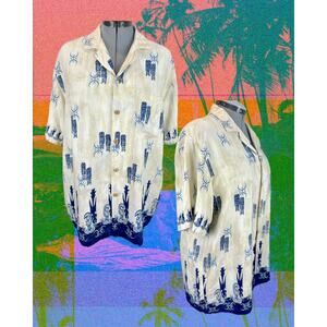 Vintage Diamond Head Blue Tiki Statues on Tan Hawaiian Shirt Size L